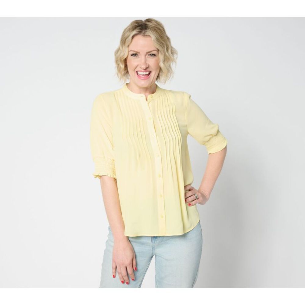 NYDJ Women's Top Sz L Short Sleeve Pleated Peasant Blouse Yellow